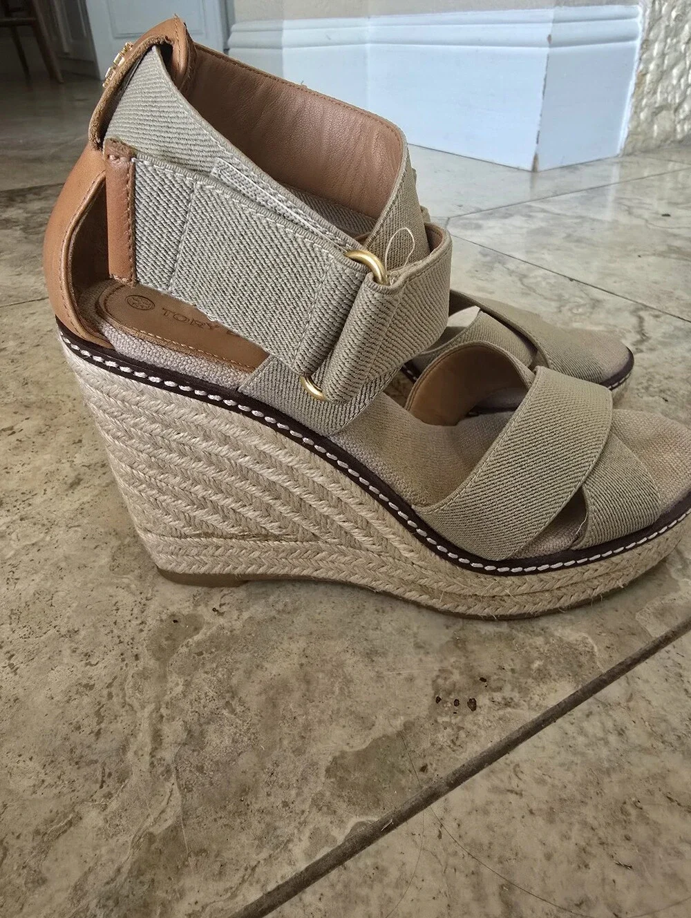 Tory Burch Freida 100MM Espadrille Wedge Tan Size 7 $278